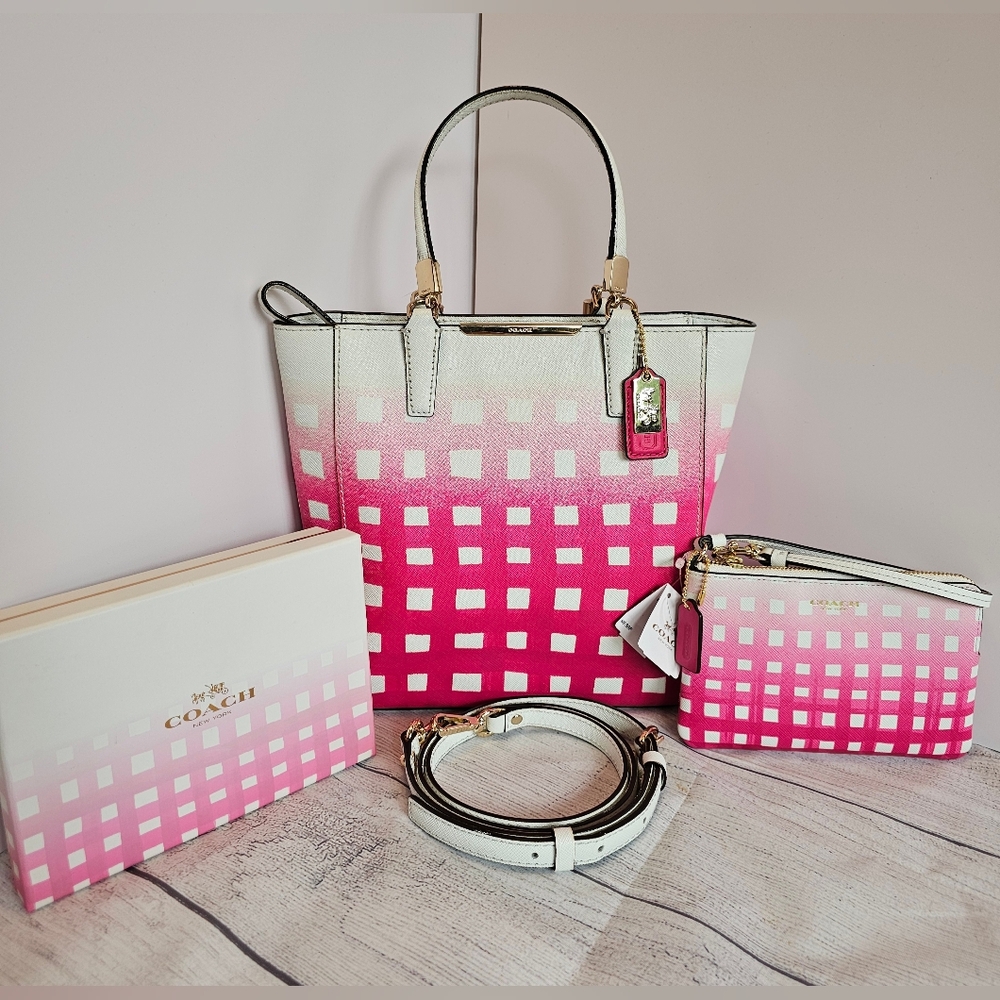 Coach Madison Gingham East West Tote w/  Wristlet (NWT) Set